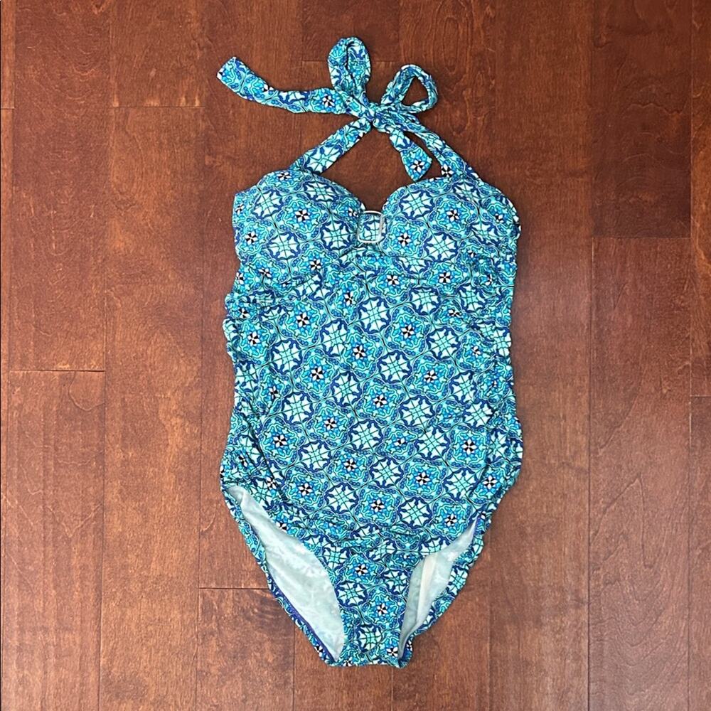 Assets by SPANX Blue and Aqua Mosaic Halter One-Piece Swimsuit, Size Large